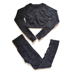 Vital Women Sport Suit Yoga Set Gym Workout Clothes Long Sleeve Fitness Crop Top + High Waist Energy Seamless Leggings