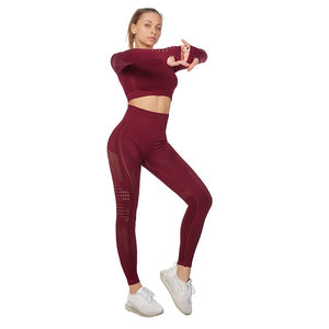 Vital Women Sport Suit Yoga Set Gym Workout Clothes Long Sleeve Fitness Crop Top + High Waist Energy Seamless Leggings