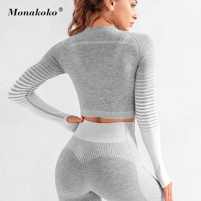 Seamless Rib Yoga Set Sport Outfits Women Two 2 Piece Dry Fit Tight Long Sleeve Crop top+Leggings Workout Gym Suit Fitness Sets